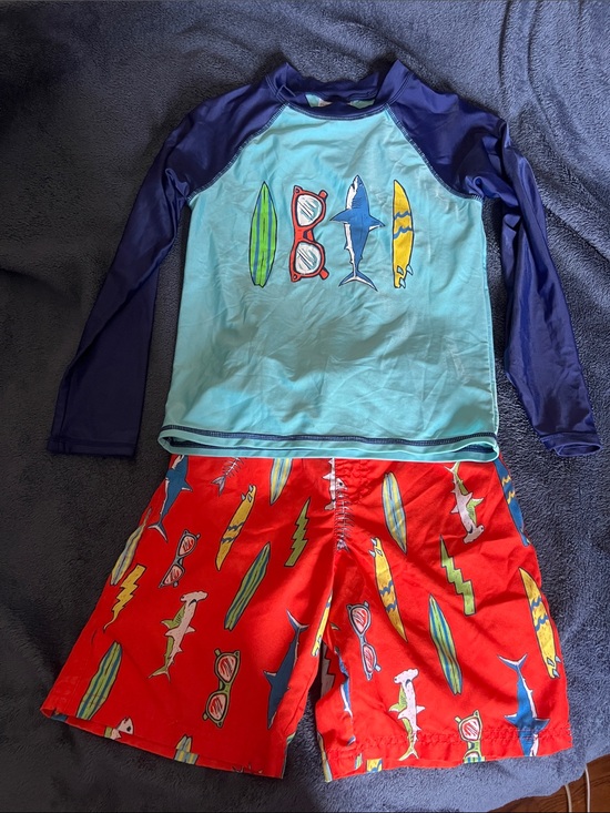 Saint Eve Other - Boys Rash Guard & Swimsuit Set - Light Blue Top & Orange Shark Shorts size 7/8